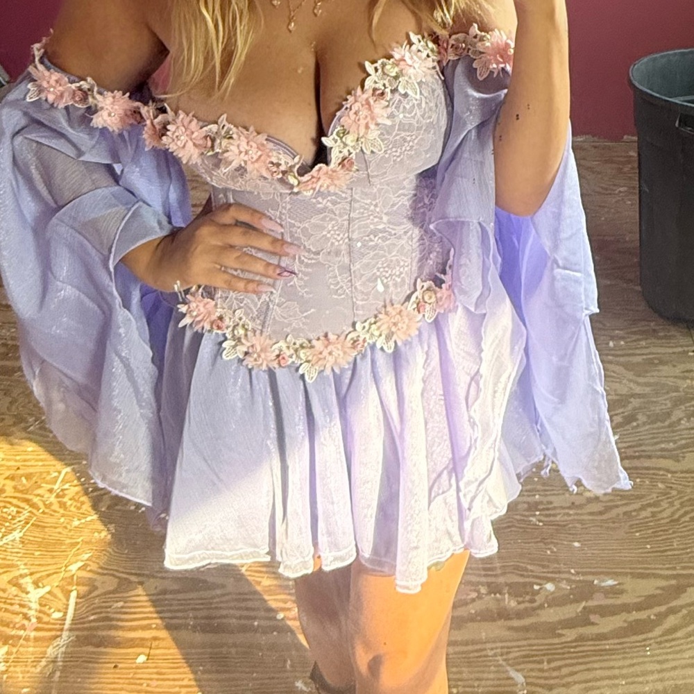 Dolls Kill Lavender Enchanted Shimmer Off-Shoulder Dress with Floral Accents